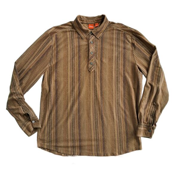 Hugo BOSS Men's Long Sleeve Polo Size XL Brown Stripe Jersey Fall Casual - Picture 1 of 10